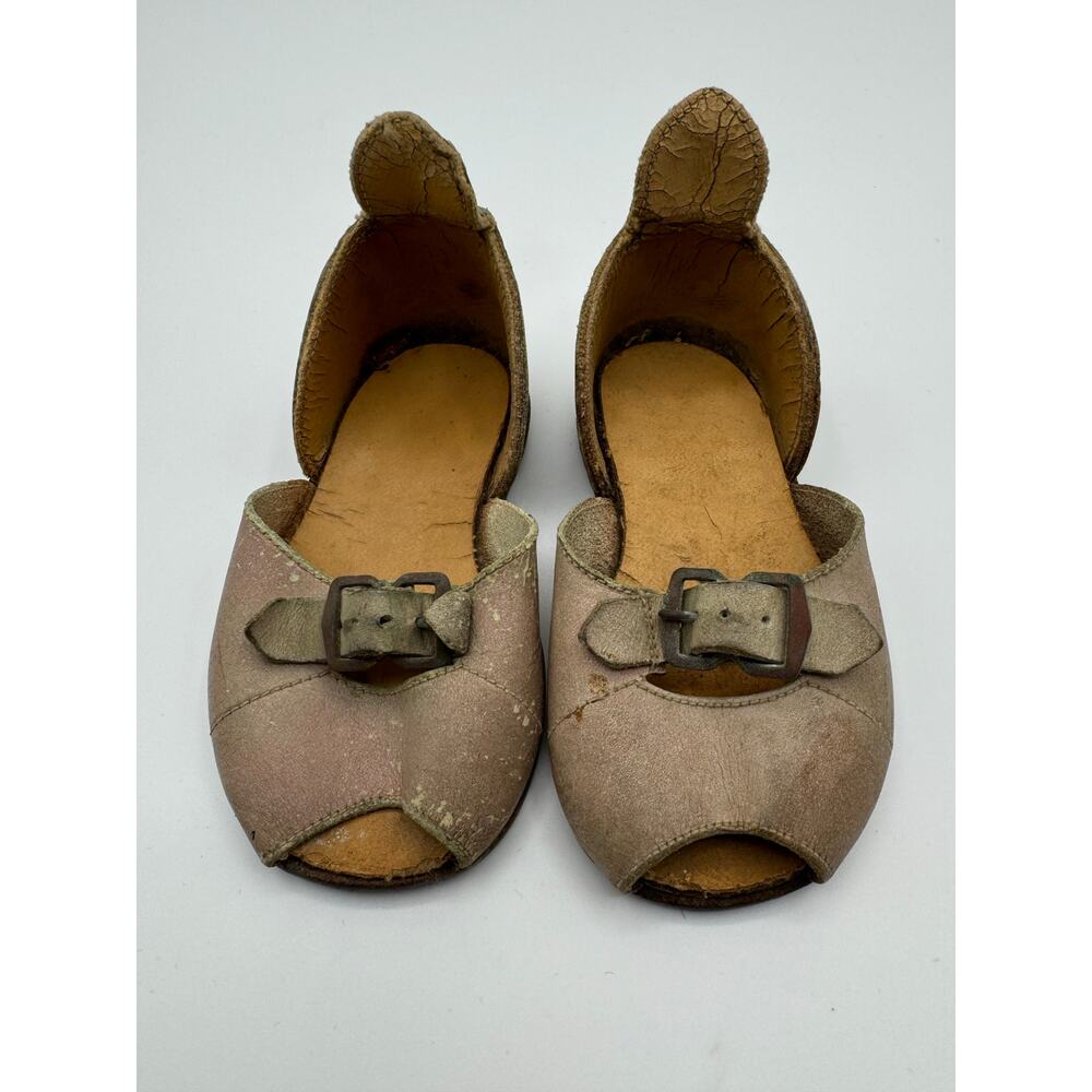 Rare Antique Children's Leather Shoes‎ Peep Toe Buckle Strap Aged Patina 5"